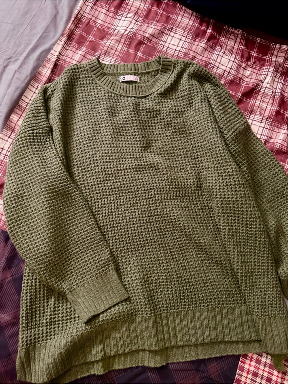 SO Olive Green Waffle Knit Crew Neck Sweater